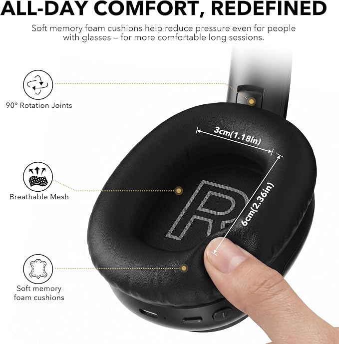 1Mii E700 Noise Cancelling Headphones Bluetooth Wireless Hi-Res LDAC,Black | Hybrid ANC, 75H Battery, Deep Bass, Comfortable Over Ear for Commuters & Traveler, aptX Low Latency for TV & Airplane