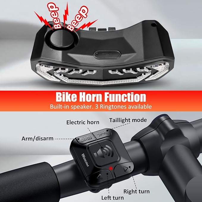 WSDCAM Smart Bike Tail Light for Cargo Rack with Turn Signals and Brake Light, Auto On/Off USB Rechargeable Wireless Remote Bike Horn Alarm Rear Bike Light Reflector Bicycle Tail Light with Rack Mount