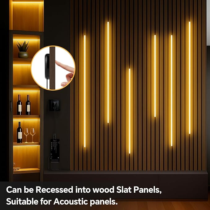 Touch Dimmable LED Recessed Lighting Kit,6PCS 12V Black COB LED Strip Lights,6.56Ft 3000K Warm Self-Adhesive LED Uner Cabinet Light for Wood Slat Wall Panels, Headboards, Shelves, Display Cabinet