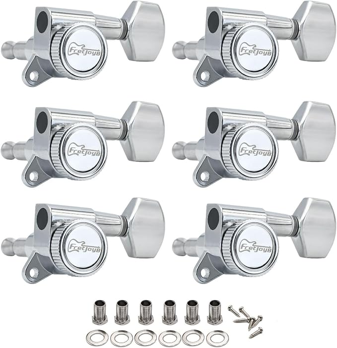 FRETJOYB 18:1 Guitar Locking Tuners 6 in line (6 Right) Tuning Pegs locking Strings Acoustic or Electric Guitar Tuning Keys Machine Heads Replacement-Chrome