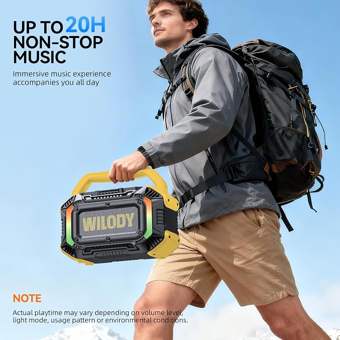 Wilody Speakers Bluetooth Wireless, 100W Loud Outdoor Speaker with Bass, IPX7 Waterproof Floatable, 20H Playtime, Wireless Charge, TWS, RGB Light, Portable Speaker for Work, Garage, Outdoor (Yellow)