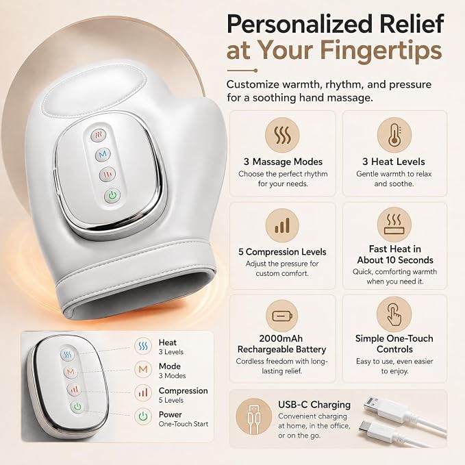 Hand Massager with Heat and Compression, Cordless Electric Hand Massager for Arthritis & Carpal Tunnel Relief, 3 Massage Modes 5 Intensity Levels, Portable Finger Palm Wrist Therapy Glove,Gift