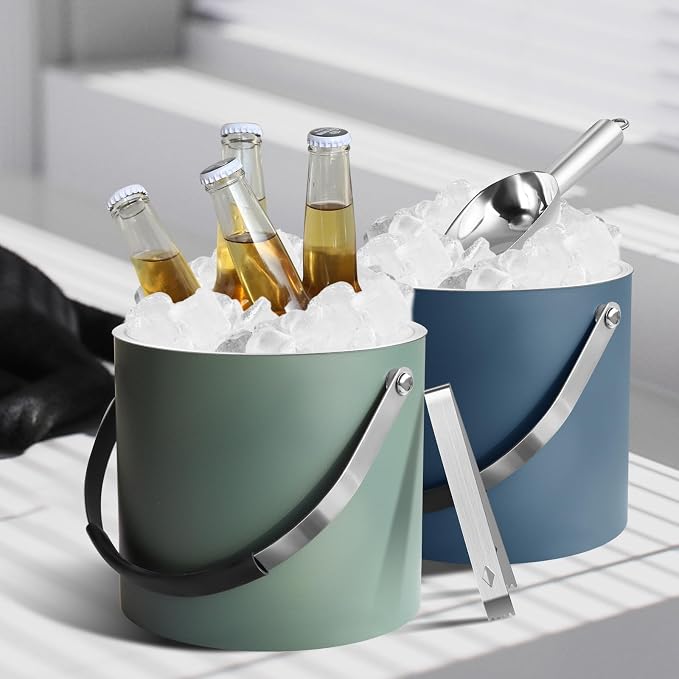 Bakpoco 3L Ice Bucket with Silicone Lid, Scoop, Tongs & Strainer, Stainless Steel Double Wall Insulated Ice Buckets for Parties & Cocktail Bar, Outdoor Champagne Ice Container Bin, Dusty Green