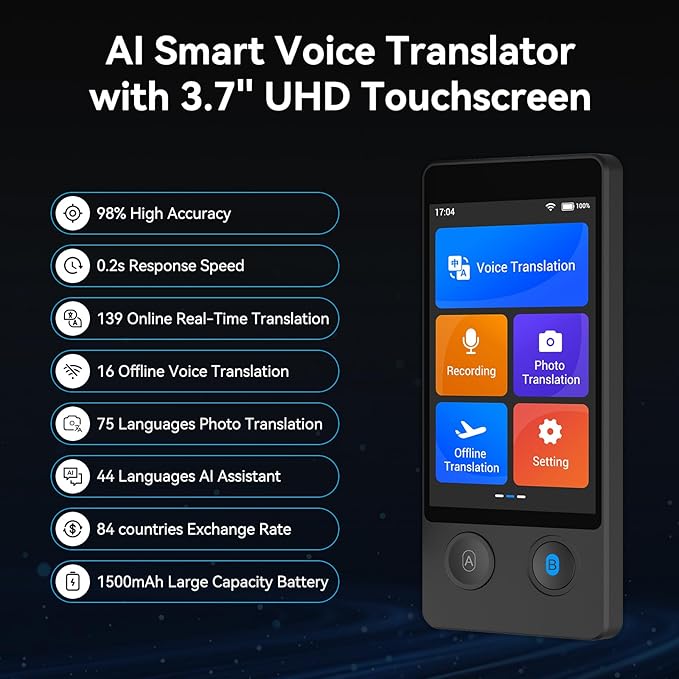 W12 Language Translator Device, 2026 Upgraded AI Translator No WiFi Needed, Support ChatGPT, 140+ Languages Instant Two-Way Translator, Offline/Photo Translation for Business Travel