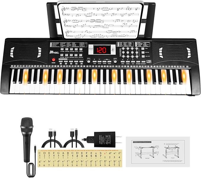 Keyboard Piano 61 Lighted Keys, Electric Keyboard Kit with 100 Voices, 100 Rhythms - Built-In Speaker, Microphone, Sheet Stand and Power Supply, Gift for Children Beginners [Black, Piano Only]