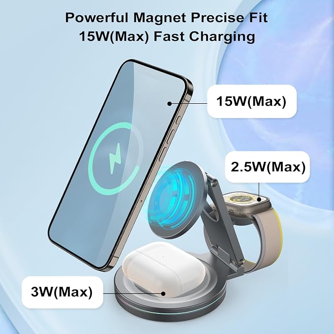 Foldable 360º Rotatable Zinc Alloy 3-in-1 Magnetic Wireless Charger, Charging Station, Charging Stand,15W for iPhone 12-17,5W for Apple Watches,AirPods(Adapter Included) (Black)