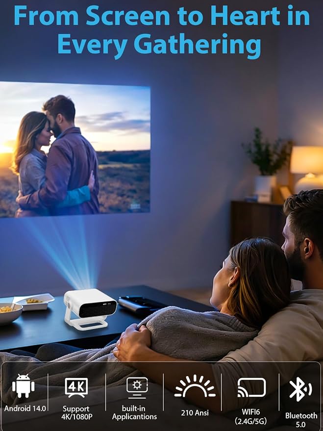 Wielio 2026 Smart Projector Android 14/TV with WiFi 6 and Bluetooth 5.0 Built in 1000+ Apps 210 ANSI Portable Bedroom Mini Movie Projector Auto Keystone & Zoom （Auto Focus/Preferred Dark Room)
