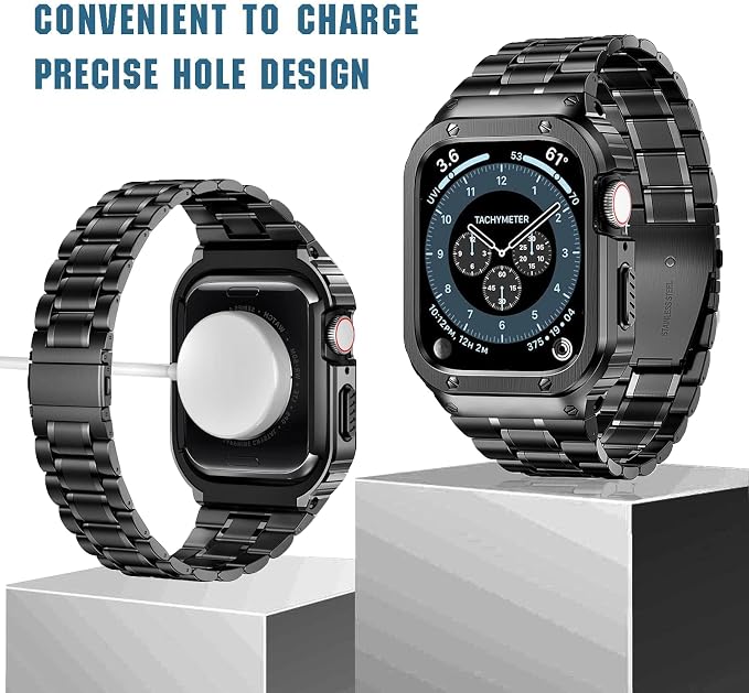 MioHHR Stainless Steel Watch Band with Case Compatible with Apple Watch Series 6 5 4 SE3/2/1(44mm) Series 3/2/1(42mm),Rugged Strap with Metal Protective Bumper Cover for iWatch Band Men(Black)
