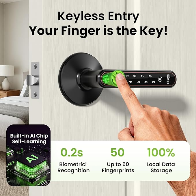 Ghome Smart Fingerprint Door Knob with Lock, 5-in-1 Keyless Entry Door Lock with Handle, App Control, Passcode & Key, Fingerprint Door Lock for Bedroom, Biometric Smart Lock for Apartment & Home