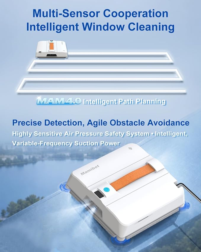 Mamibot W120-DP Window Cleaning Robot, 3200Pa Strong Suction, 10 Cleaning Modes, 4-Spray Water Jet, Smart Edge Detection, App & Remote Control – Ideal for High-Rise Glass, Mirrors & Tiles (Orange)