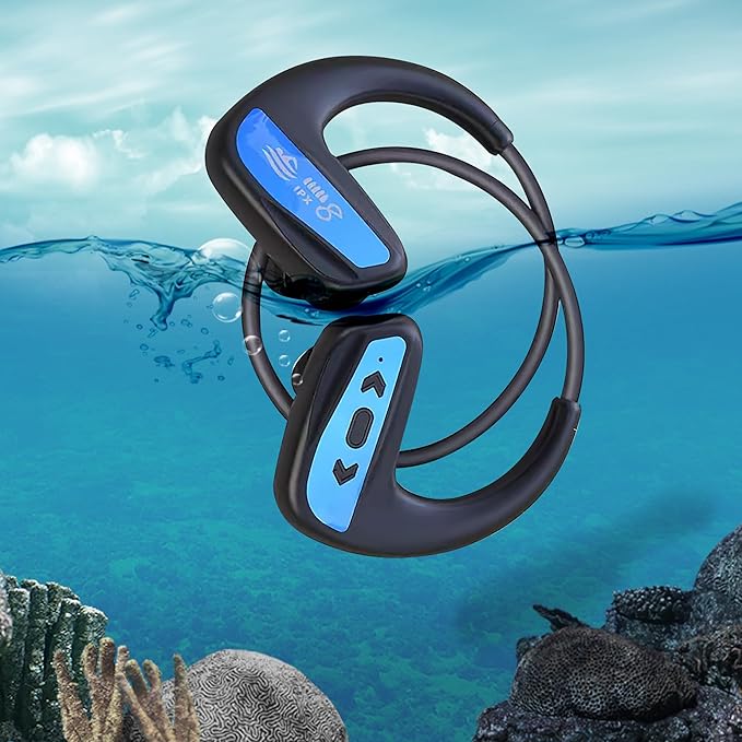 Swimming Headphone Underwater Waterproof Bluetooth ipx8 2 Colors red Blue 32G MP3 Player,in Ear no Falling, for Running Diving Cycling Hiking Gym Spa Other Sports(Blue)