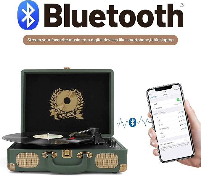 Vinyl Record Player Bluetooth Turntable 3-Speed Suitcase Portable Vintage Belt-Driven Record Player with Built-in Speakers RCA Line Out AUX in Headphone Jack Military Green