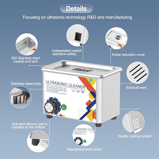 Granbo Ultrasonic Cleaner 800ML Ultrasonic Jewelry Cleaner 40kHz with Knob Timer, 304 Stainless Steel Sonic Cleaner, 110V Ultrasonic Parts Cleaner for Denture Dental Oral Irrigator Parts Glasses
