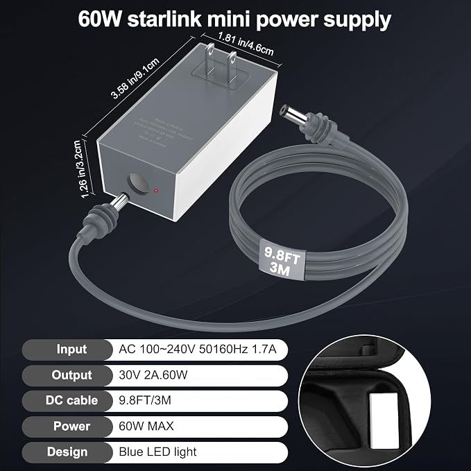Starlink Mini Power Supply & Accessories, 60W Replacement AC Adapter 30V 2.0A Portable Power Supply with LED Indicator, Includes 9.8FT DC Cable for Starlink Mini Dish