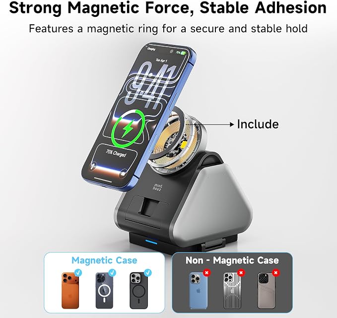3 in 1 Charging Station, Mag Safe Wireless Charger Stand, Qi2-enable, 15W Multiple Device Magnetic Charging Station for iPhone 16,15,14,13,12 Series, Apple Watch, AirPods (USB-C Charger Included)