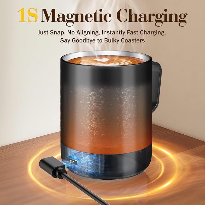 14oz Smart Heated Mug, Rechargeable Self-Heating Coffee Mug with 10 Temp Settings, Keeps Coffee Hot for Hours, No App Required, LED Display & Memory Function for Home Office, Coffee Tea Lover (Black)