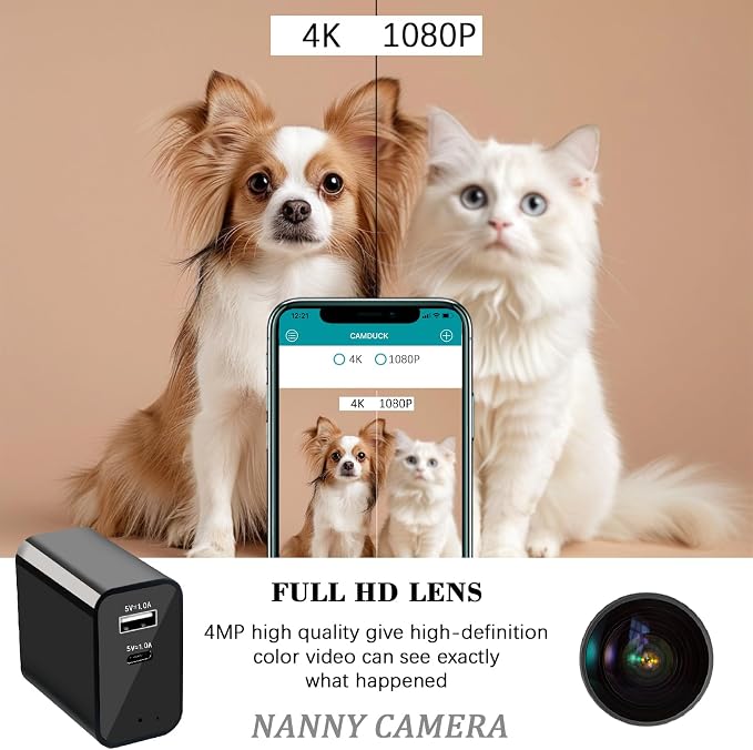 2026 Upgraded Camera Charger with WiFi Wireless Charger, 4K Security Camera Wireless Outlet Charger 160 Wide View & Remote App View (2.4GHz Nanny Cam for Home Indoor)