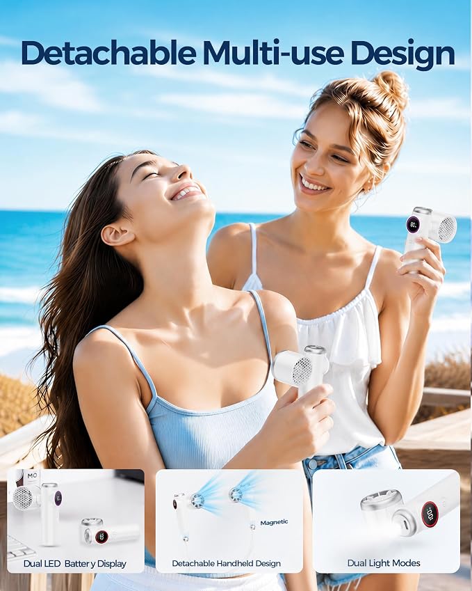 Portable Neck Fan, Hands-Free Personal Wearable Fan, 5 Speeds Strong Airflow, 4000mAh USB Rechargeable Bladeless Fan with LED Display, Detachable Handheld Fan for Outdoor Travel Office Home Gifts