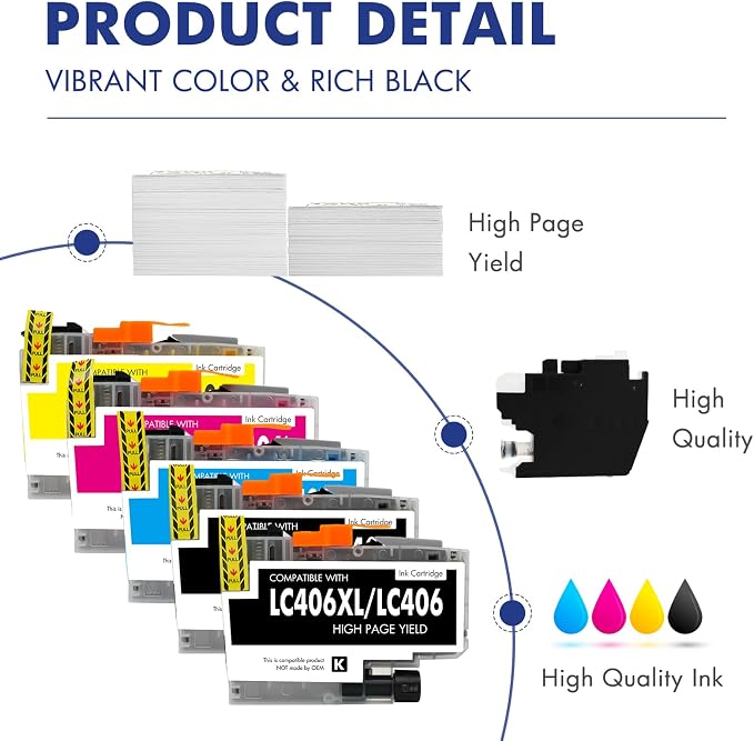Cool Toner LC406XL LC406 Ink Cartridges for Brother Printer MFC-J4335DW MFC-J5855DW LC 406 XL for MFC-J6555DW MFC-J4535DW MFC-J6955DW MFC-J4345DW MFC-J5955DW HL-JF1 5 Pack-2Black Cyan Magenta Yellow