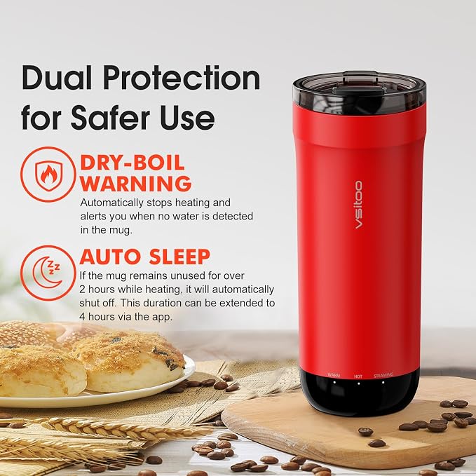 Vsitoo S5 Self Heating Travel Mug 16oz, Rechargeable Coffee Mug with Car Charger Kit, AI Auto-Sensing Temp Control Heated Cup for Home Office Car, App Control, Gift Women Men - Red