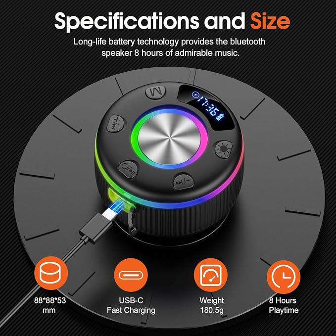 Portable Speaker Bluetooth with Loud Stereo Bass Sound, Mini Wireless Speaker with 7 RGB Lights, TF-Card USB, TWS Pairing, 4H Playtime, IP7 Waterproof Speakers for Travel Party Home Outdoor Gift