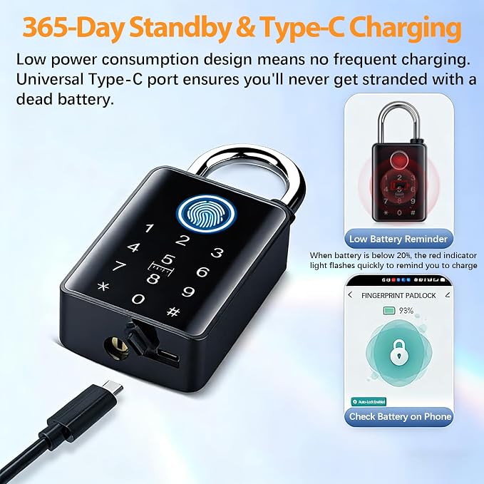 Heavy Duty Fingerprint Padlock with Key, Outdoor Smart Padlock with Code Keypad, Smart Combination Gate Lock for Outdoor Fence, Gate, Storage Unit, Tuya App, Waterproof (10 mm Shackle)