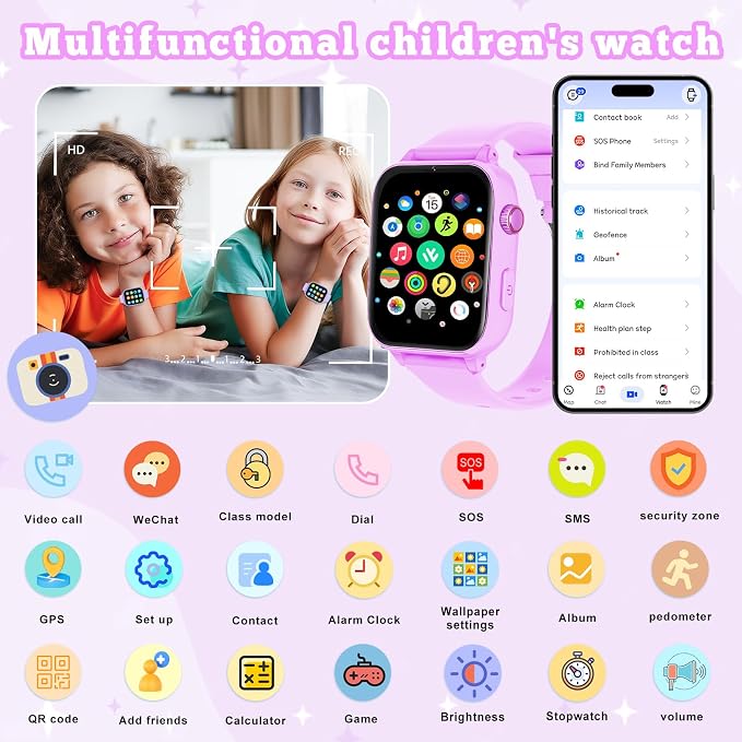 4G Kids Smart Watch GPS Tracker, Smartwatch for Kid with Video Calling, Voice Chat, Class Mode, SOS , Pedometer, Alarm, SIM Card HD Touch Screen Phone Watch Gift for 4-12 Girls Boys (Light Purple)