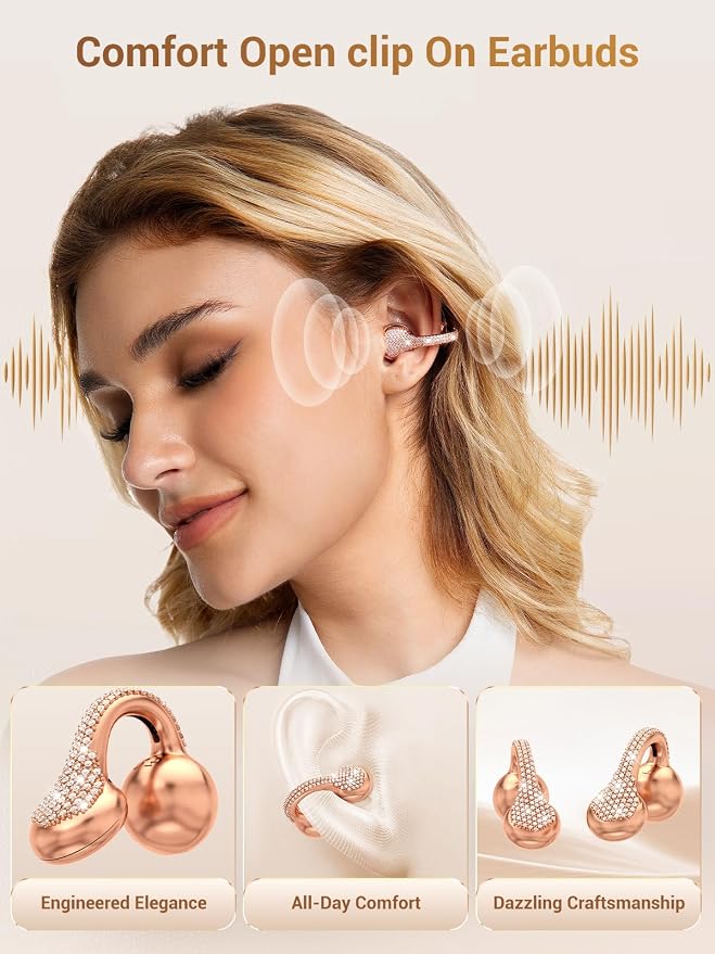 JewelPods C01Pro Open Ear Headphones, Luxury Jewelry Earbuds, Rose Gold | Clip-On Wireless Bluetooth Earbuds Secure, Lightweight, Premium Audio-Water Resistant-Up to 72 hrs Play,Gift for Her