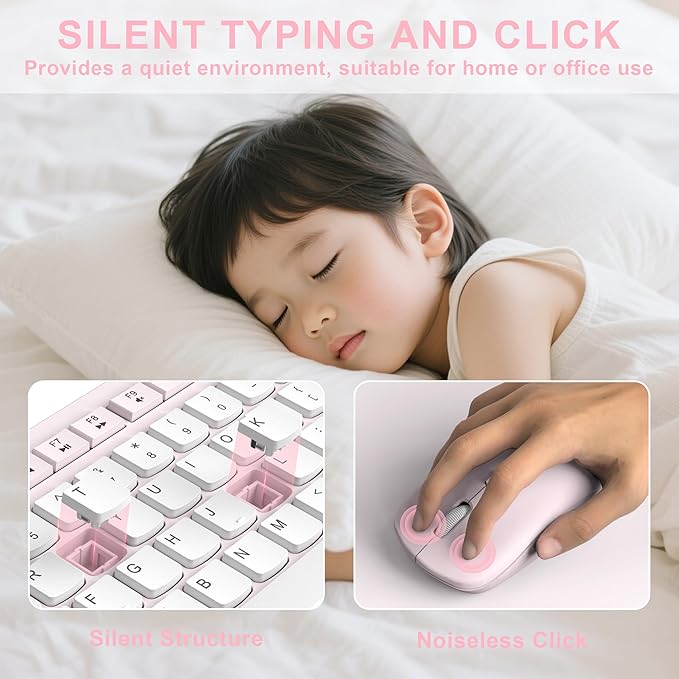 Wireless Keyboard and Mouse Combo, Full-Sized Quiet Wireless Keyboard and Adjustable DPI Mouse, 2.4GHz USB Receiver, Keyboard and Mouse for PC, Windows, Desktop, Laptop (Pink and White-B)
