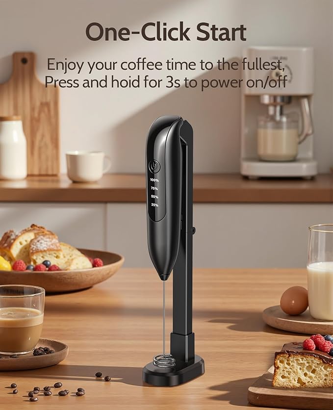 Electric Milk Frother Handheld: coffee frother rechargeable 3 in 1 - LED Display, Adjustable Wireless Charging - 3 Speeds, Stainless Steel Whisk for Latte, Cappuccino - Onyx Black