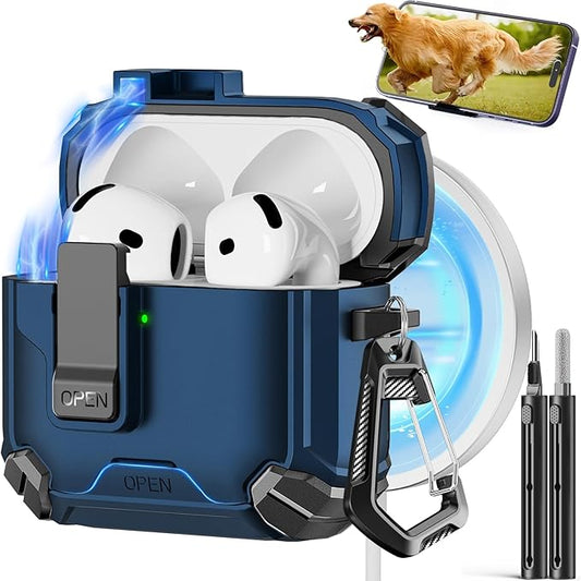 Pohgelan Compatible with AirPods 4 Case,Magnetic Automatic Lock with Phone Stand & Cleaning Kit,Compatible with Magsafe Cover -Blue