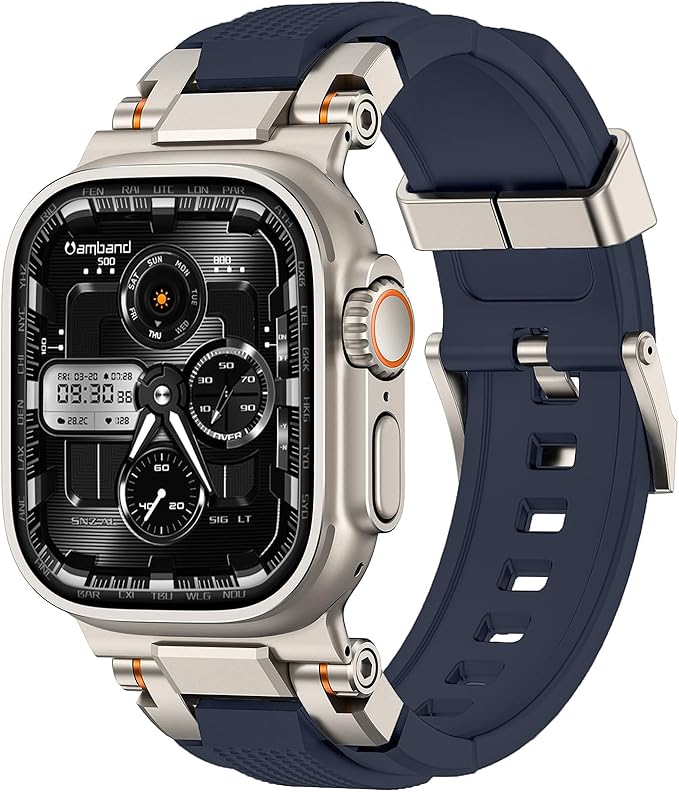 amBand Bands Compatible with Apple Watch Ultra 3/2/1 49mm, M1 Sport Series Rugged Durable Strap with Metal Connector to Match Ultra's Titanium Case for iWatch 49 mm Men Titanium/Navy Blue