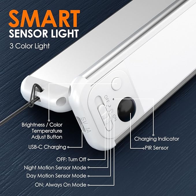 RUIKORING Under Cabinet Lighting, 3 Colors, Motion Sensor Light Indoor, LED Rechargeable Closet Lights Battery Operated, Dimmable Night, Stick-On Magnetic Cabinet Lights for Kitchen Stairs Hallway
