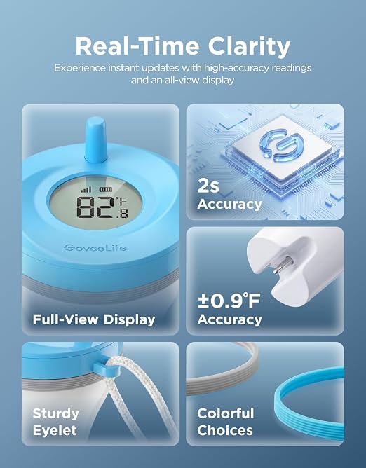 GoveeLife Smart Wireless Pool Thermometer P2, with App Easy Read, Blue | Digital Pool Thermometer Floating, IP68 Waterproof, 1082ft Range, APP/Buzzer/Email Alarm, for Swimming Pool/Ice Bath/Pond