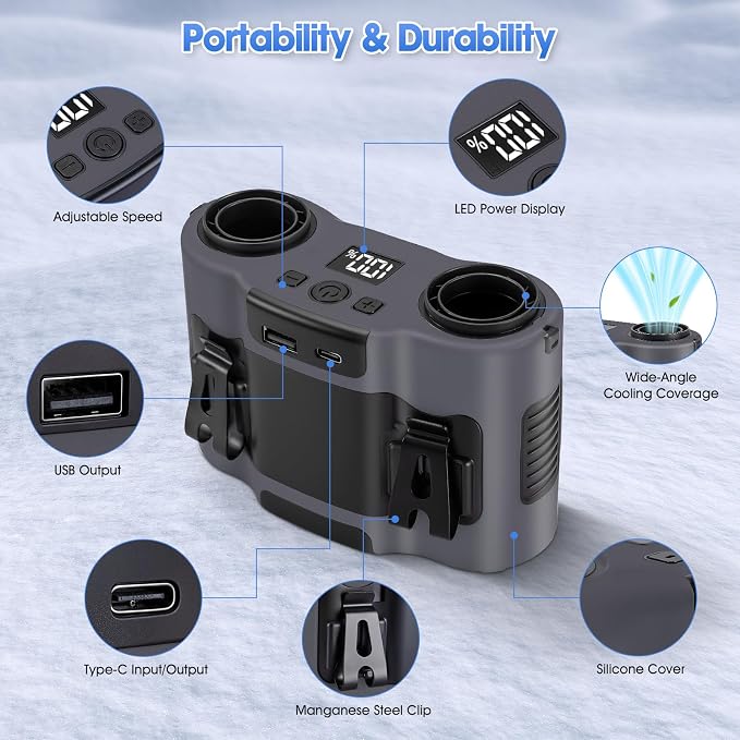 42H Portable Waist Fan, 28000mAh Rechargeable Wearable Belt Fans, 16000 RPM Cooling Neck Body Powerful Shirt Personal Cooling Fan for Outdoor Jobsite Camping Travel in Grey