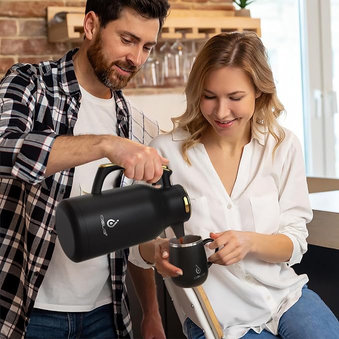 IDEUS Thermal Coffee Carafe, Stainless Steel Double Wall Insulated Vacuum Flask, Water Jug Coffee Server and Beverage Dispenser, Heat and Cold Retention (Black-Gold, 68, Fluid Ounces)