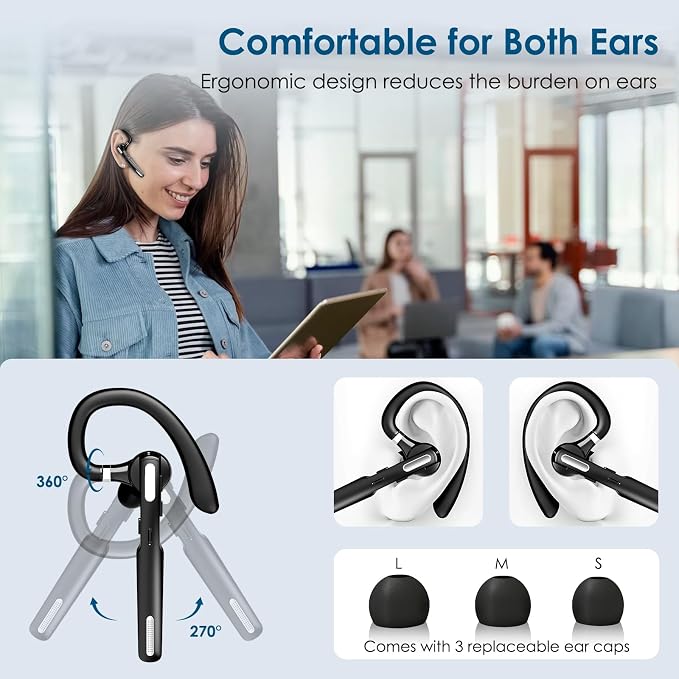 ICOMTOFIT Bluetooth Headset, Wireless Bluetooth Earpiece V5.0 Hands-Free Earphones with Built-in Mic for Driving/Business/Office, Compatible with iPhone and Android (Black)