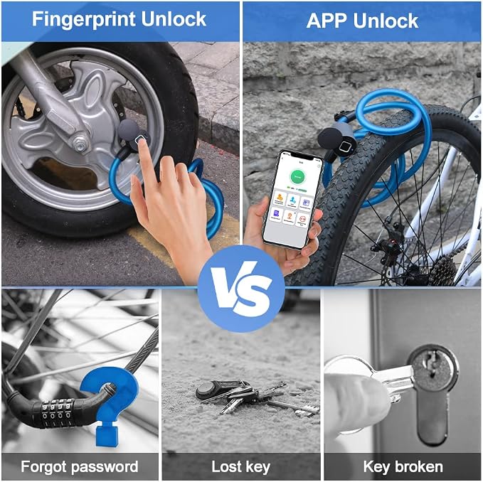 Bike Lock Keyless Combination Cable Lock eLinkSmart: Blue Waterproof Cable Lock 150cm Long Steel for Bicycle Scooter Motorcycle Door Fence Gate - Fingerprint Unlock via Phone App iOS Watch