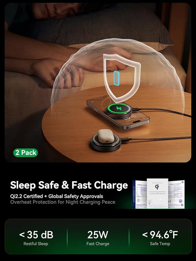 THREEKEY Qi2.2 25W Magnetic Wireless Charger: 2 Pack Fast Wireless Charging Pad for iPhone 17/16/15/14/13/12 Pro Max & AirPods, with Cooling Fan, 6.6ft Cable for Travel & Desk(35W Adapters Included)