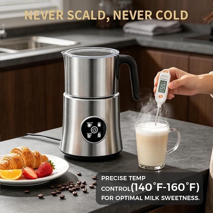 Milk Frother and Steamer, Automatic Hot and Cold Foam Maker with Detachable Stainless Steel Jug, 4-in-1 Electric Frother for Latte, Cappuccinos, Macchiato, and Hot Chocolate