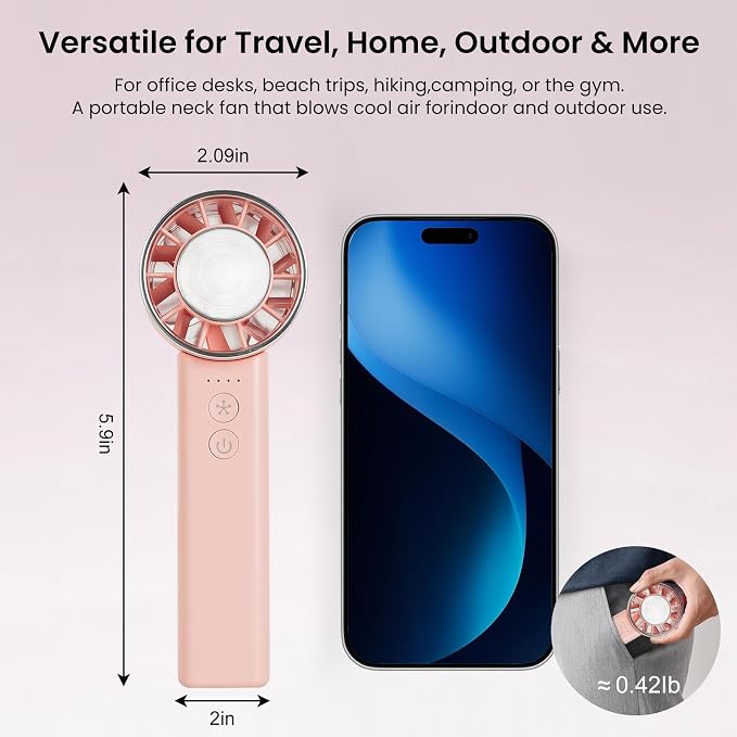 Hand Held Fan - 4 Speeds Adjustable 4800mAh,Foldable,Lightweight Neck-Worn Design,Beach Vacation Essentials,Portable Fan for Travel,Cooling for Camping Outdoor and Indoor - Pink