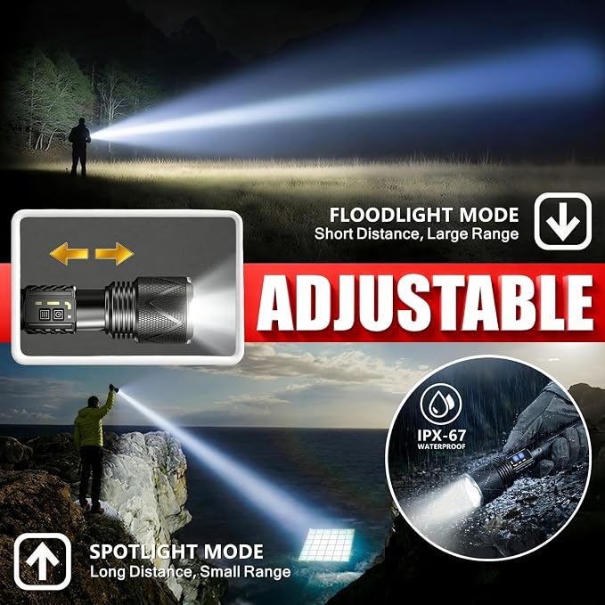Rechargeable Tactical Flashlight 10,000 High Lumens with USB Output | 70W XHP360 LED Super Bright Zoomable Flashlight, 1,968FT Long Range, IP67 Waterproof for Emergency, Outdoor Camping & Hunting