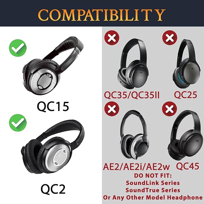 SOULWIT Replacement Kit for Bose QC15/QC2 QuietComfort Headphones, Ear Pads Cushions + Headband + Silicone Earpads Cover Protector - Black Gold