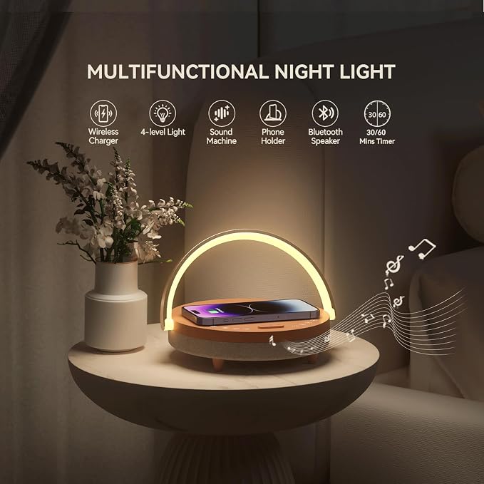 Vivilumens Birthday Gifts for Women 6 in 1 Bedside Lamps with Wireless Charger Bluetooth Speaker White Noise Machine Music Table Lamp Night Light Personalized Gift for Mom Teens Girls(Sound Upgrade