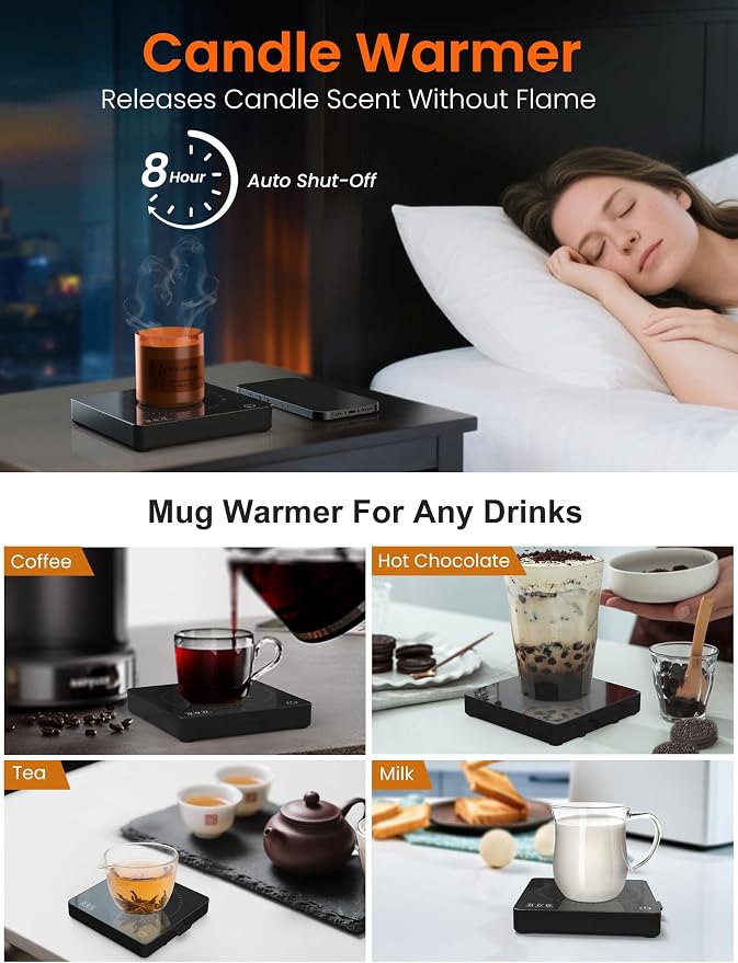Coffee Mug Warmer with 15W Wireless Phone Charger & 3A USB Charging Port, 3 Temp Settings & 8H Auto Shut Off, Candle Warmer Plate for Heating Coffee, Milk, Tea & Candles,Valentine's Day Gift(Black)