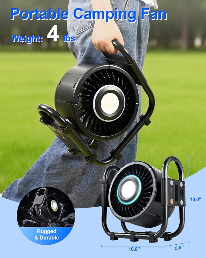 Rechargeable Auto-Oscillating Fan, 16000mAh Battery Powered Portable Outdoor Fan with 6-Speeds & LED/RGB Lights, 120° Rotating Tent Fan for Camping, RV, Patio, and Jobsite