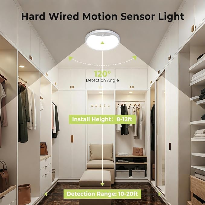 hepside 4 Pack Motion Sensor Ceiling Light Wired, 3000K/4000K/6500K LED Flush Mount Ceiling Light Fixture, 12Inch 24W Motion Sensor Light with Timer for Closet Stair Porch Hallway Pantry,White