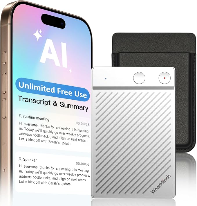 AI Voice Recorder, NoteCard Voice Recorder with case, App Control, Real Time Transcribe & Summarize with AI Technology, Multi-Language, Long Battery Life Meetings/Class/Lectures (Silver)