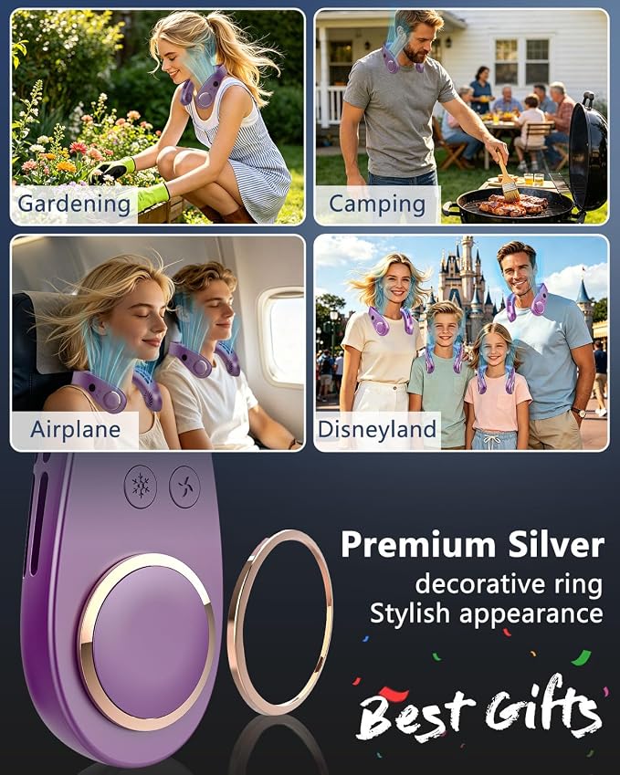 Neck Fans that Blow Cold Air,5500mAh Whisper Quiet Fan,5 Speeds & 3 Cooling Modes, USB-C Quick Charge,LED Shows Battery & Speed, 360° Airflow, Lightweight Wearable AC for Women Men Adults Kids Purple