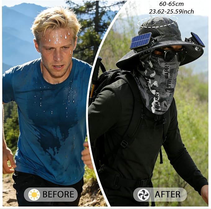 Wide Brim Solar Fan Hat for Men Women, 2026 3-in-1 Detachable Solar Powered Fan Hat, with Removable Neck Cap and Face Mask